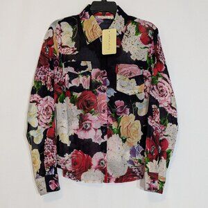 COTTON DAISY Navy Floral Lightweight Cotton Long Sleeve Button Blouse; Size L